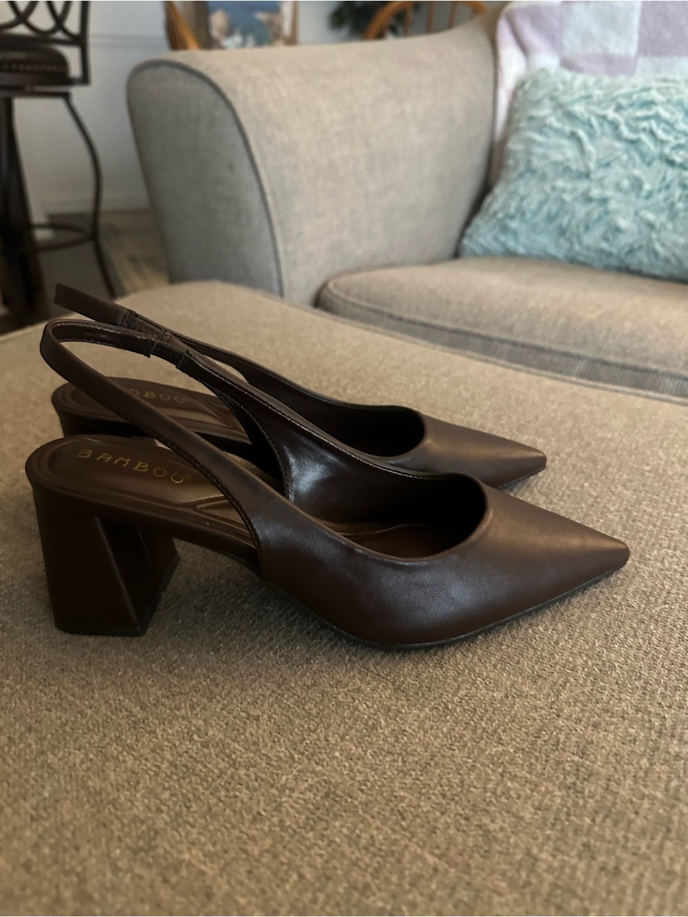 BAMBOO Dark Brown Pointed-Toe Slingback Block Heels